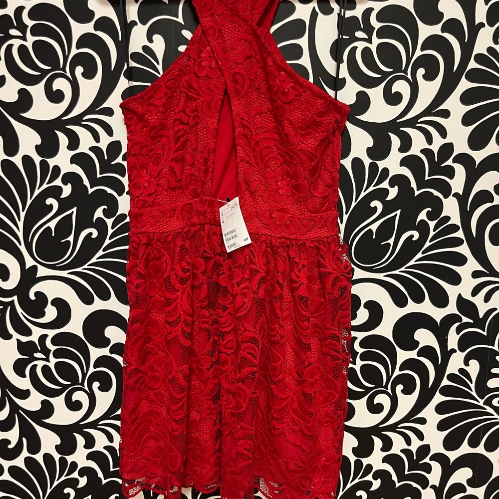 H&M Red Sleeveless Halter Babydoll Dress, lace , key hole